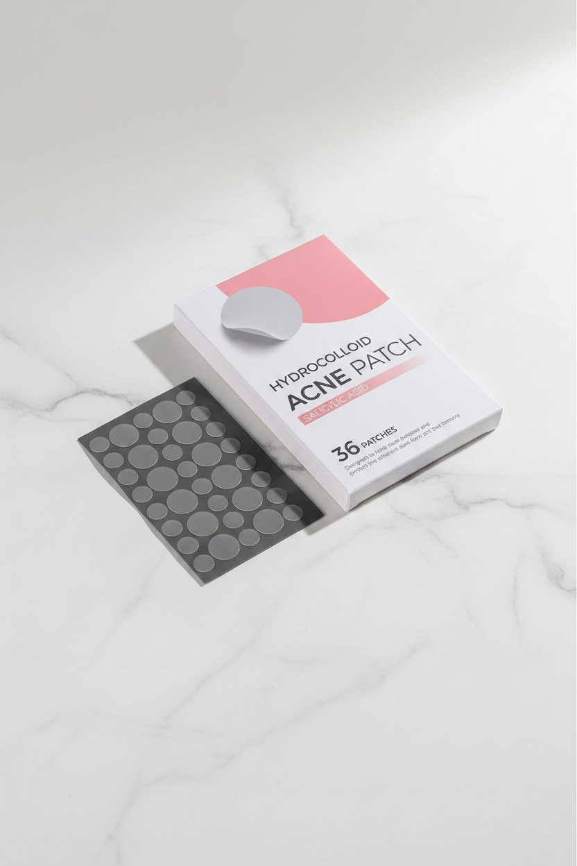 TGT hydrocolloid acne patches packaging hero shot on white marble