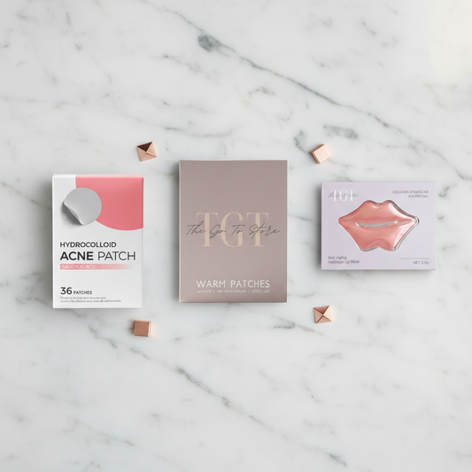 The Period Emergency Bundle – Heat Therapy Patches, Acne Patches & Collagen Lip Mask flat lay
