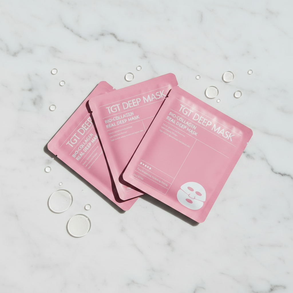 Collagen face mask 4 sachets on marble surface – premium skincare product photography