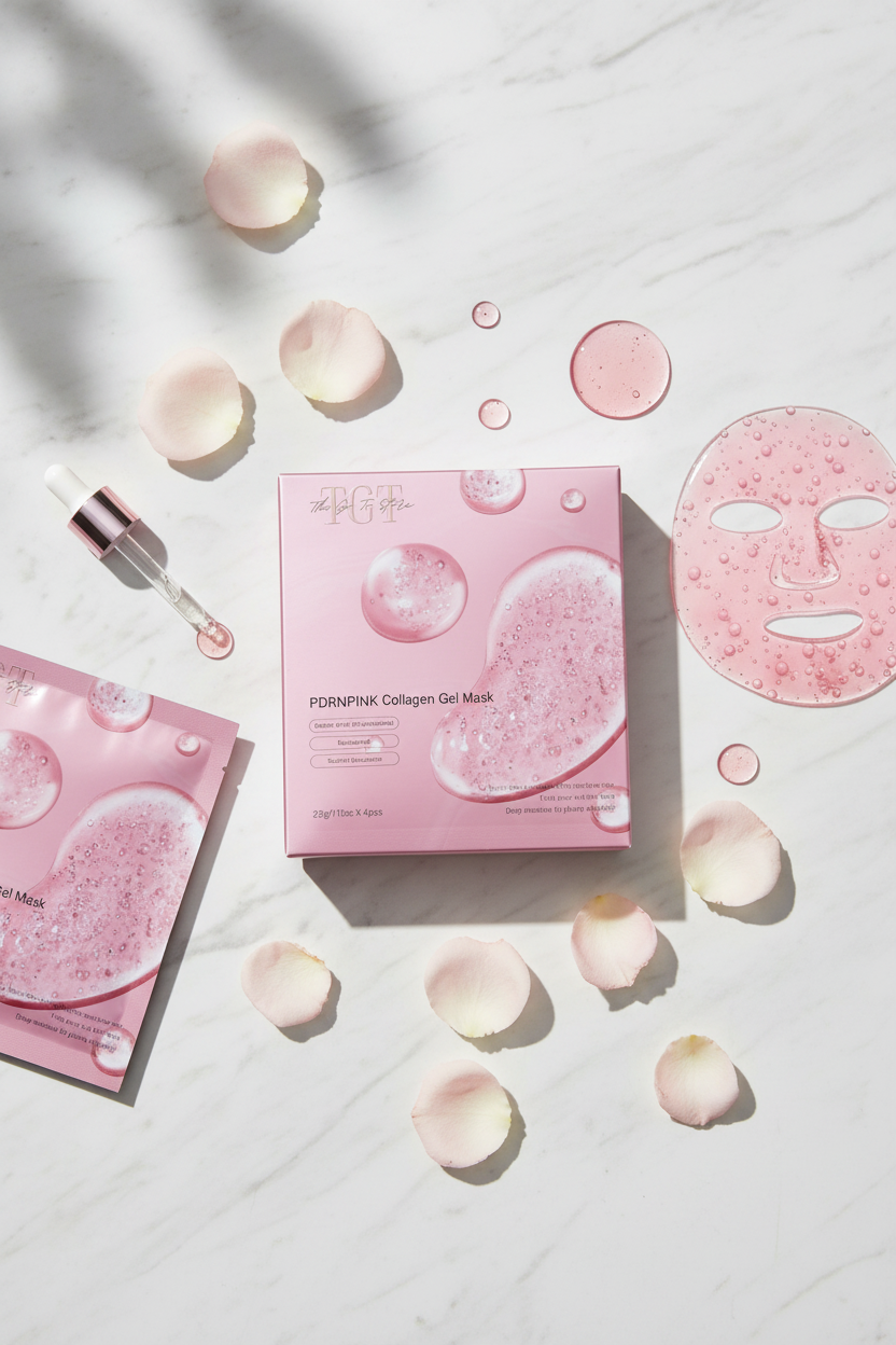 TGT PDRNPINK Collagen Gel Mask pink box on white marble with rose petals and serum dropper