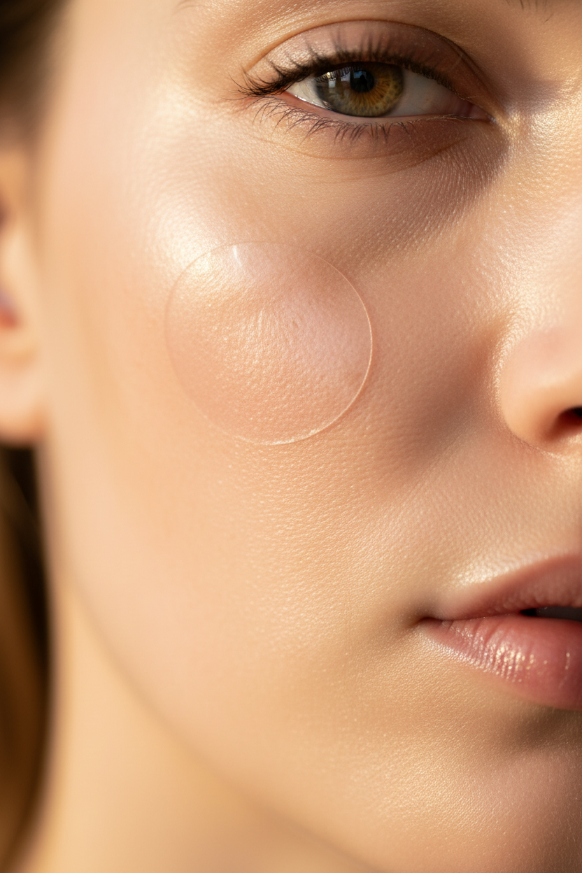 Close-up of transparent hydrocolloid acne patch worn invisibly on glowing skin