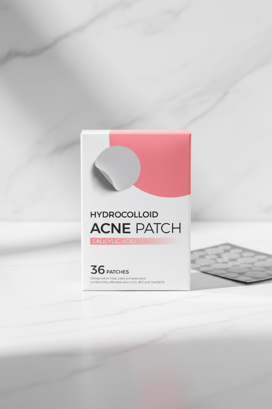 TGT hydrocolloid acne patches box on white marble surface – premium product photography