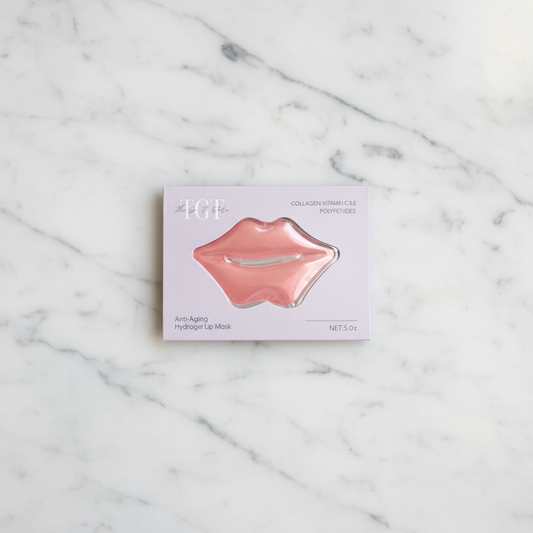 TGT Collagen Hydrogel Lip Mask on white marble surface – premium skincare product photography