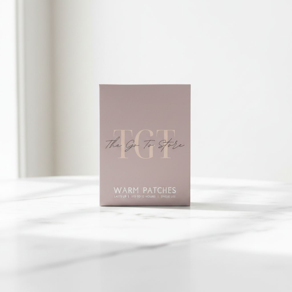 TGT Heat Therapy Patches Box of 4 on white marble surface – premium product photography