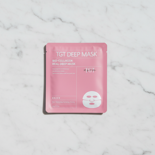 TGT Collagen Deep Face Mask on white marble surface – premium skincare product photography